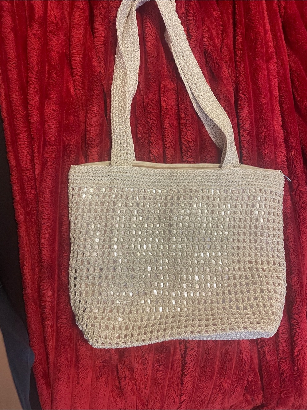 Neutral Crochet Tote Bag with Sequins - Beige